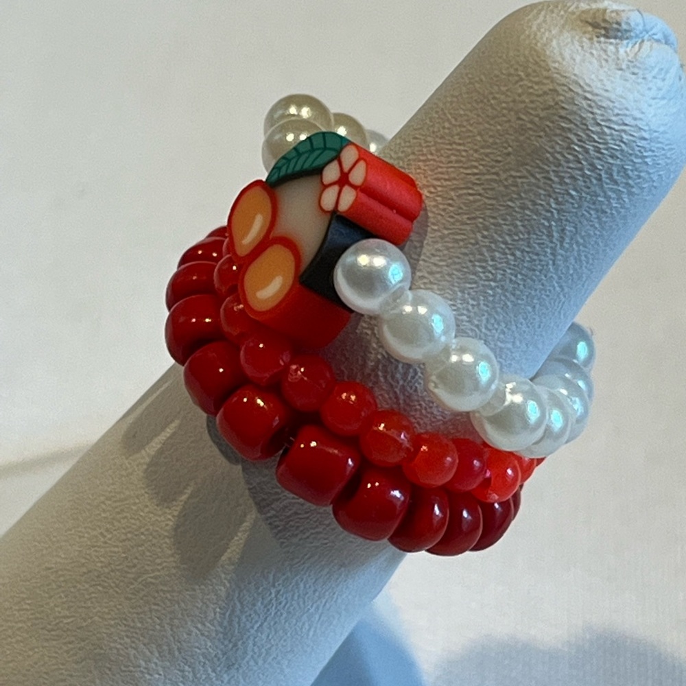 Handmade Cherry Beaded Rings Set, Stretchy - Picture 3 of 3